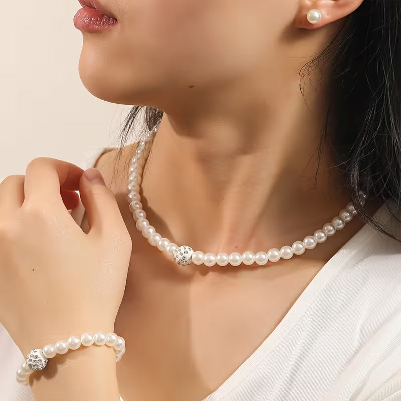 1pc Necklace + 1pc Bracelet + 2pcs Earrings Set. Elegant and Minimalist Imitation Pearl Jewelry