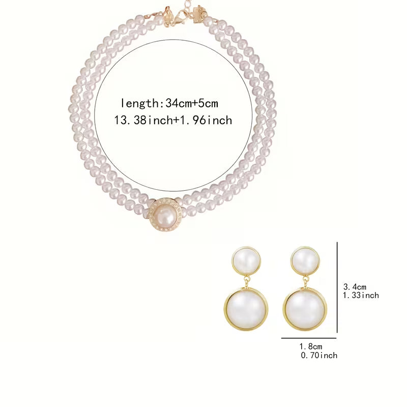 NEW 2pcs Set, Simple and Exquisite White Bead-sized Geometric Double-layer Earrings and Necklace