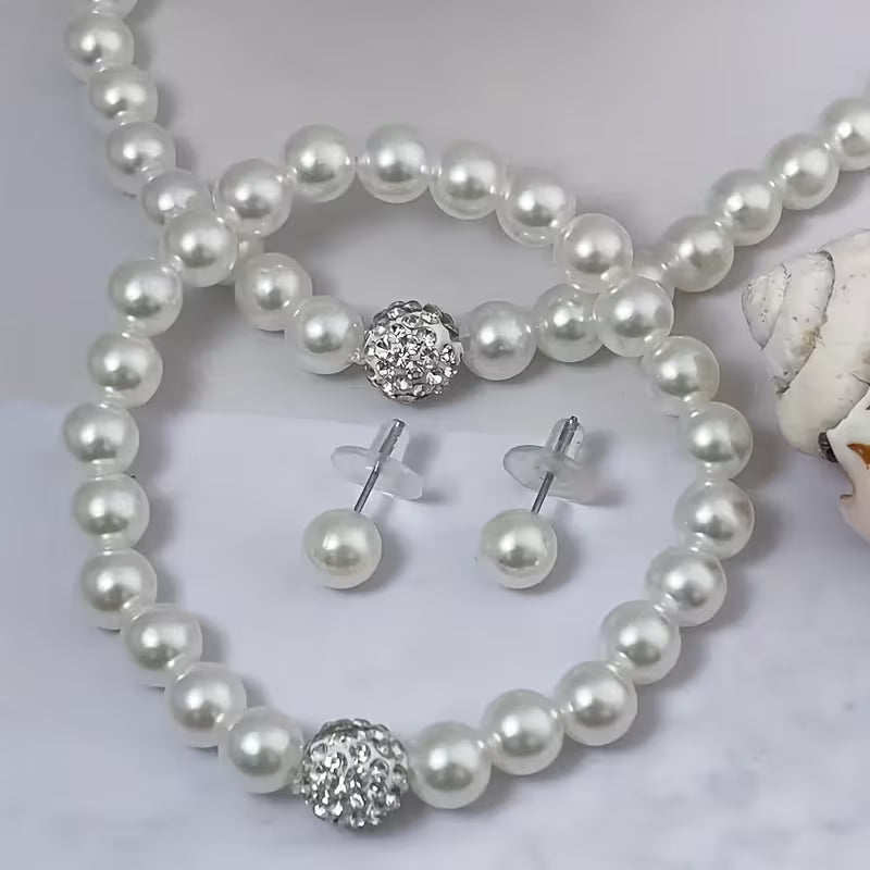 1pc Necklace + 1pc Bracelet + 2pcs Earrings Set. Elegant and Minimalist Imitation Pearl Jewelry