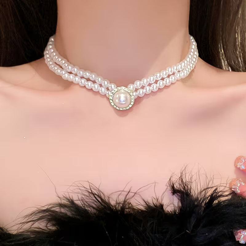 NEW 2pcs Set, Simple and Exquisite White Bead-sized Geometric Double-layer Earrings and Necklace