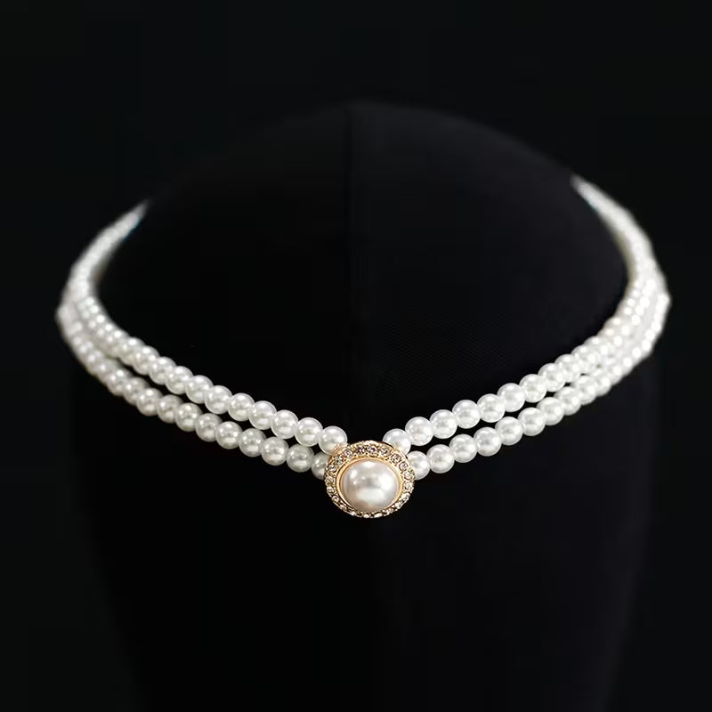 NEW 2pcs Set, Simple and Exquisite White Bead-sized Geometric Double-layer Earrings and Necklace