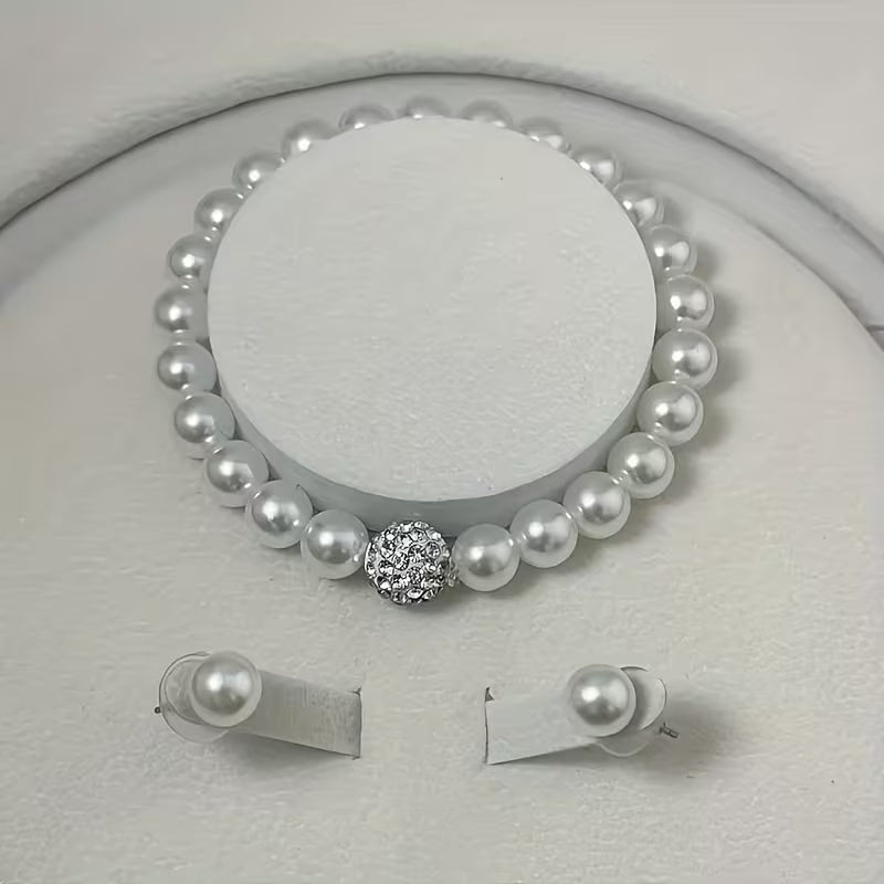 1pc Necklace + 1pc Bracelet + 2pcs Earrings Set. Elegant and Minimalist Imitation Pearl Jewelry