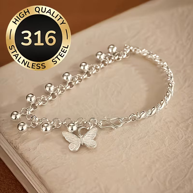 1pc Butterfly Bell Bracelet, High-Quality 316 Stainless Steel, Butterfly Pendant And Dynamic Bell Design