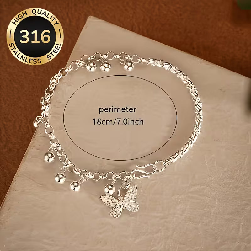 1pc Butterfly Bell Bracelet, High-Quality 316 Stainless Steel, Butterfly Pendant And Dynamic Bell Design