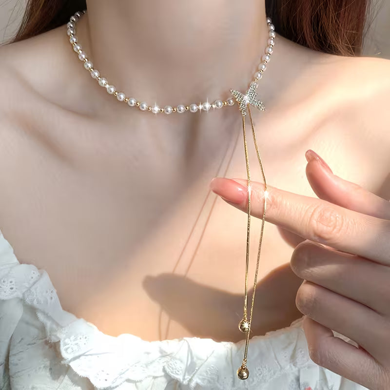 1pc Adjustable Tassel Necklace with Sparkling Butterfly Pendant - Elegant Upgraded Jewelry for Daily Wear