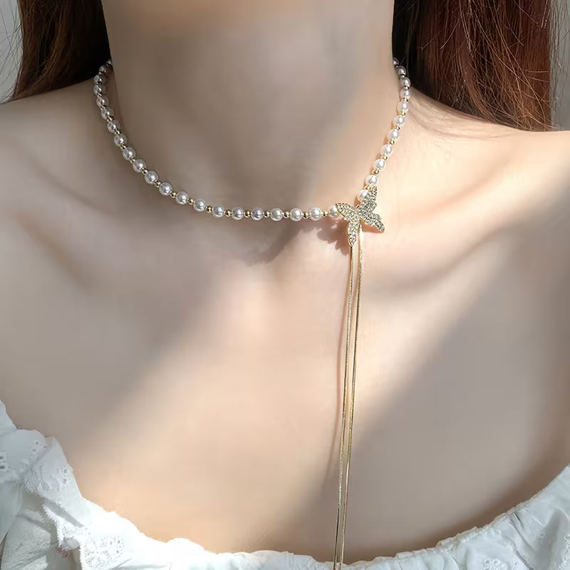 1pc Adjustable Tassel Necklace with Sparkling Butterfly Pendant - Elegant Upgraded Jewelry for Daily Wear