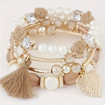 4pcs Versatile Ethnic Style Leaf Tassel Artificial Bead Bohemian Stacking Bracelet Suitable for Teenagers' Daily Vacation and Shopping