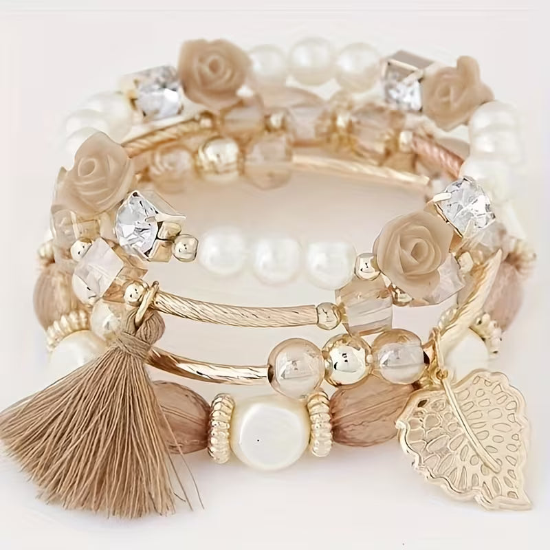 4pcs Versatile Ethnic Style Leaf Tassel Artificial Bead Bohemian Stacking Bracelet Suitable for Teenagers' Daily Vacation and Shopping