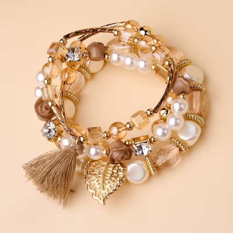 4pcs Versatile Ethnic Style Leaf Tassel Artificial Bead Bohemian Stacking Bracelet Suitable for Teenagers' Daily Vacation and Shopping