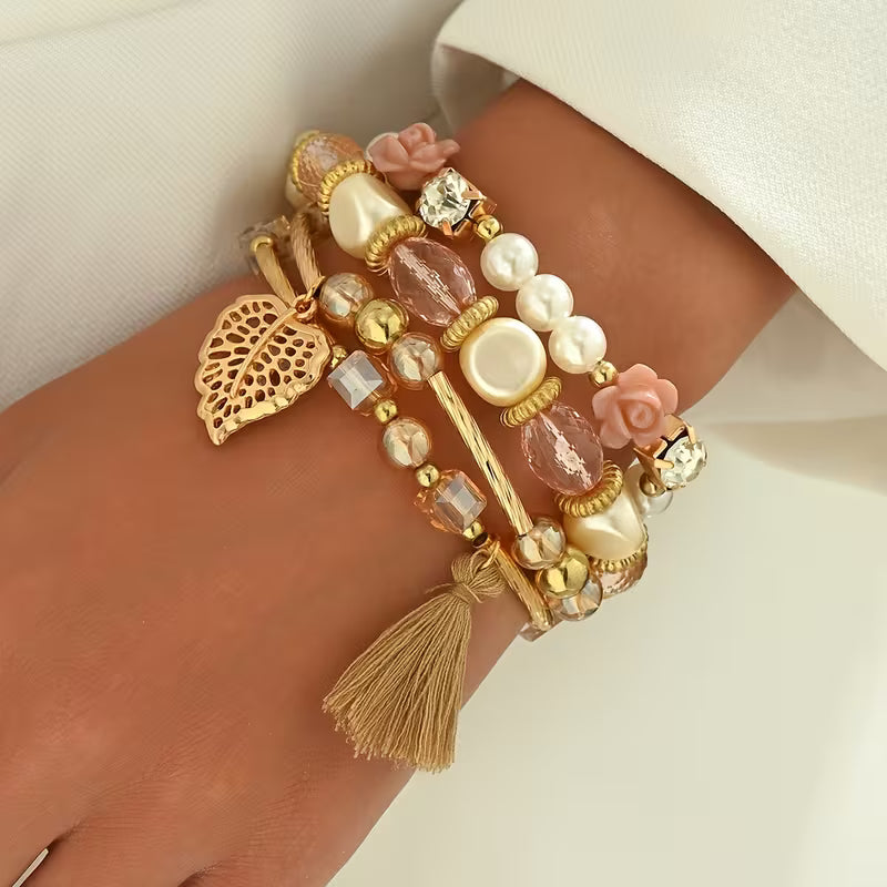 4pcs Versatile Ethnic Style Leaf Tassel Artificial Bead Bohemian Stacking Bracelet Suitable for Teenagers' Daily Vacation and Shopping