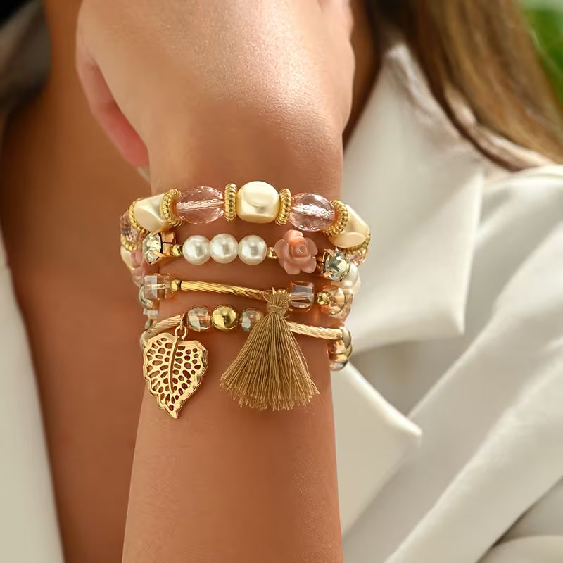 4pcs Versatile Ethnic Style Leaf Tassel Artificial Bead Bohemian Stacking Bracelet Suitable for Teenagers' Daily Vacation and Shopping