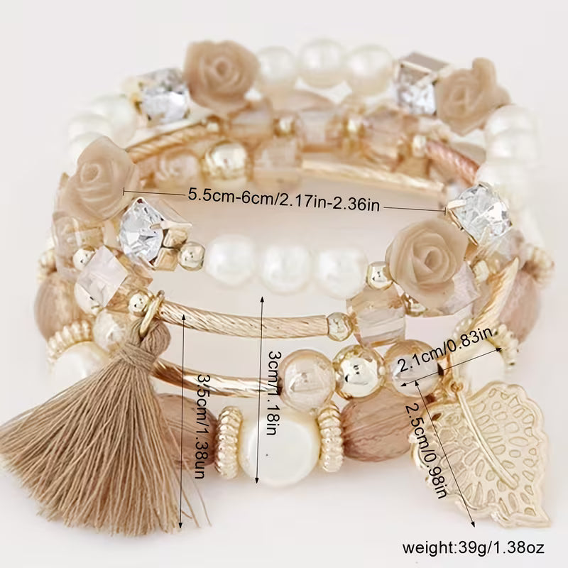 4pcs Versatile Ethnic Style Leaf Tassel Artificial Bead Bohemian Stacking Bracelet Suitable for Teenagers' Daily Vacation and Shopping
