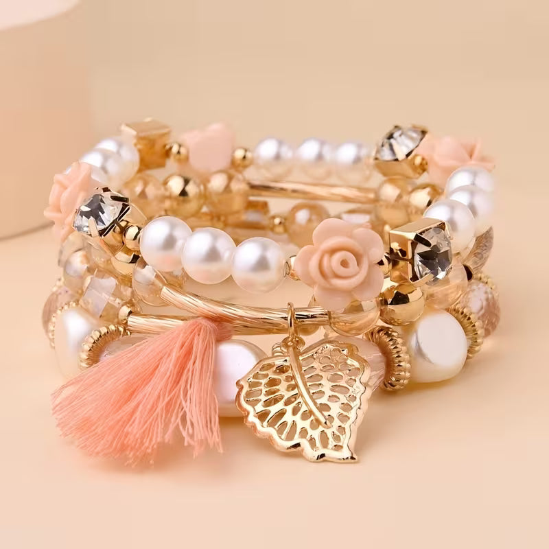 4pcs Versatile Ethnic Style Leaf Tassel Artificial Bead Bohemian Stacking Bracelet Suitable for Teenagers' Daily Vacation and Shopping