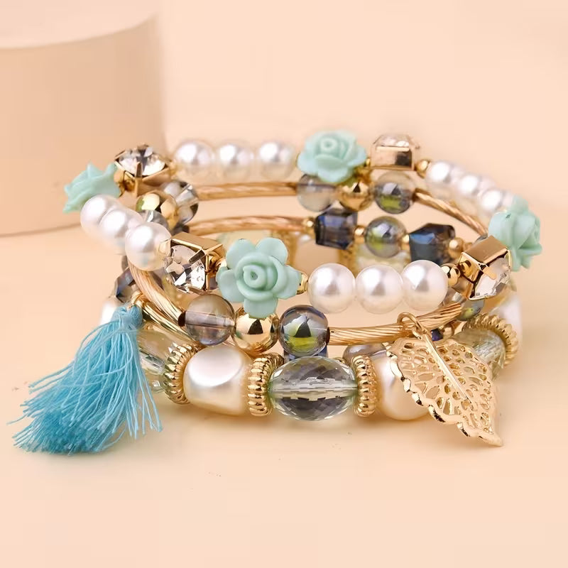4pcs Versatile Ethnic Style Leaf Tassel Artificial Bead Bohemian Stacking Bracelet Suitable for Teenagers' Daily Vacation and Shopping